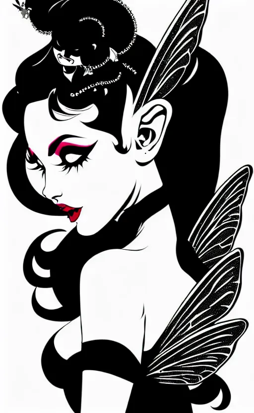Image similar to fairy with a detailed face and black hair, burlesque psychobilly, rockabilly, punk, wide angle shot, white background, vector art, illustration by frank frazetta