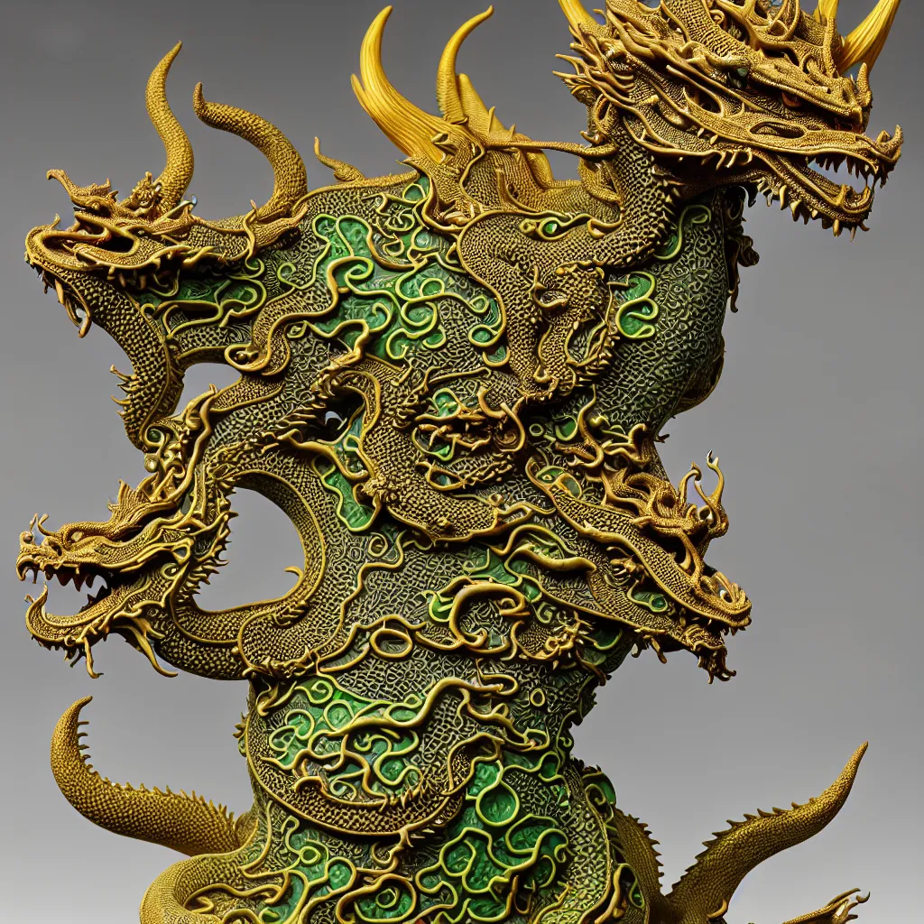 Image similar to a closeup photo - real delicate ceramic porcelain sculpture of an ornate detailed dragon in front of a intricate background by victo ngai and takato yamamoto, micro detail, backlit lighting, subsurface scattering, translucent, thin porcelain, octane renderer, gold and neon green, swirling pink aura, physically based rendering, japanese pottery, trending on cgsociety