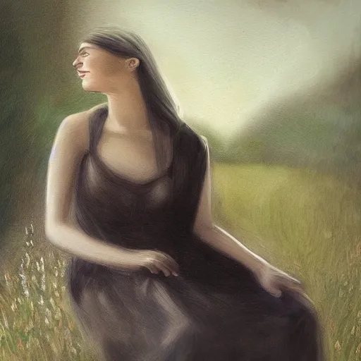 Image similar to This conceptual art captures the beauty and mystery of the woman sitting before us. Her enigmatic smile and gaze seem to invite us into her world, and we cannot help but be drawn in. The softness of her features and the delicate way she is dressed make her seem almost ethereal. The background landscape adds to the feeling of distance and mystery, making us wonder what secrets this woman holds. razzmatazz by Ben Quilty evocative