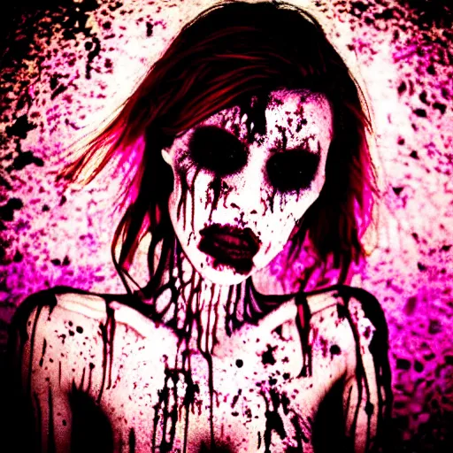 Image similar to a woman whos body is static losing frequency phasing out, dark eerie photo taken by digital hollywood, bleeding rich decaying colors!