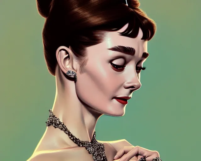 Image similar to photography of audrey hepburn in breakfast at tiffany's, deep focus, intricate, elegant, highly detailed, digital painting, artstation, concept art, matte, sharp focus, illustration, art by artgerm and greg rutkowski and alphonse mucha