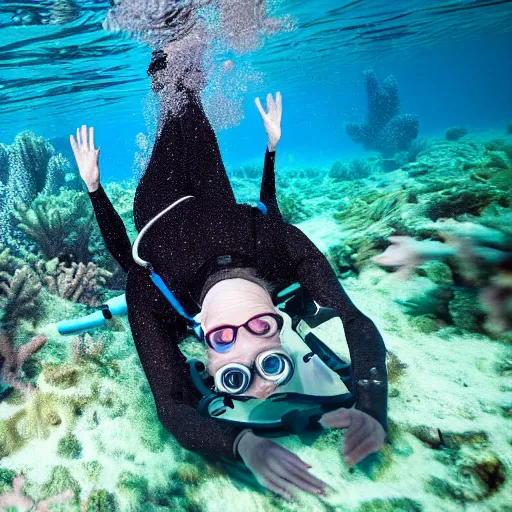 Image similar to angela merkel under water dives through a coral reef, 8k photography