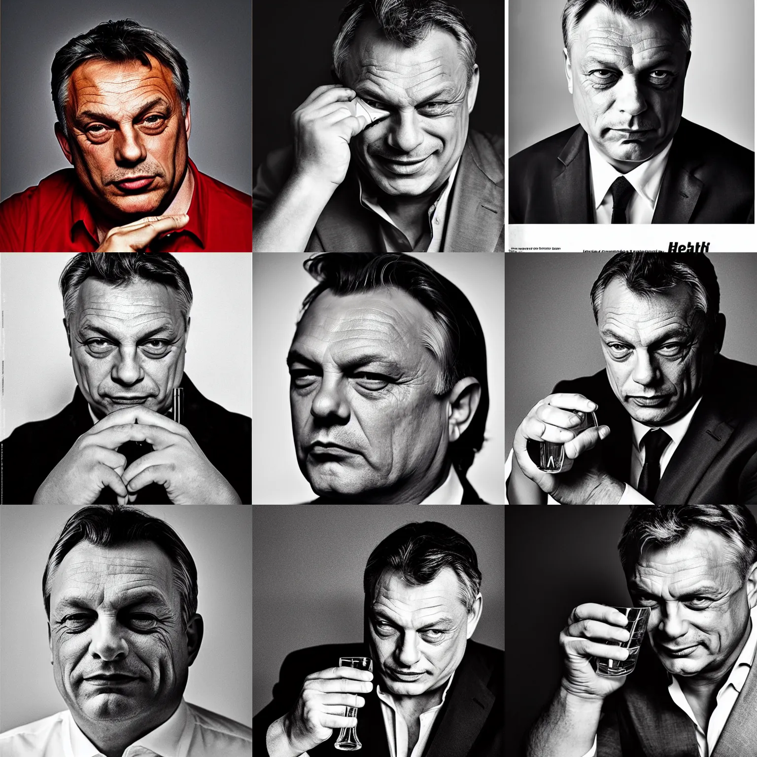 Prompt: headshot magazine cover photo of viktor orban winking and drinking vodka by peter lindbergh, studio lighting