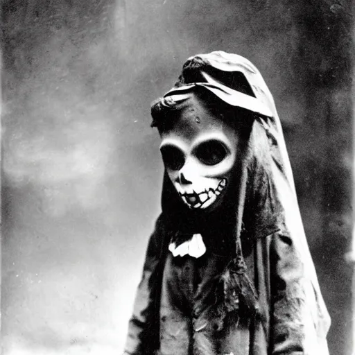 Image similar to child wearing a halloween mask in 1 9 0 0, photograph, style of atget, creepy, atmospheric, unsettling