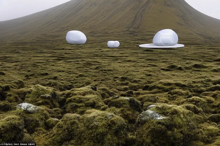 Image similar to several white future cyberpunk egg shaped buildings shine on a barren mossy mountain in iceland, and many wild animals, by hiroshi sugimoto and paul lehr and john schoenherr and john harris