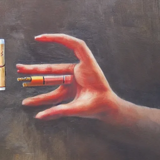 Image similar to Close-up of hand holding cigarette, oil art