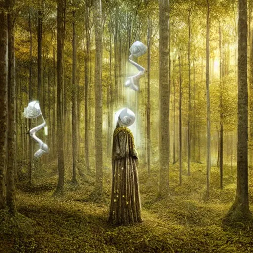 Image similar to heroinchic immaculate painting of A Beautiful fine detailed Forest Illusion by erik johansson with specular highlights with hints of gold and diamonds and pearls in various flavours, micro detailing populated by organic crystals