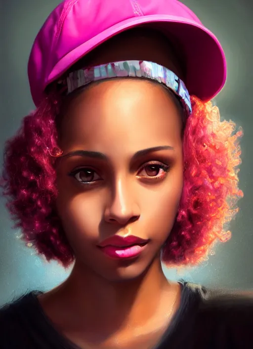 Image similar to portrait of teenage vanessa morgan with bright pink hair, black girl, vanessa morgan, curly pixie cut hair, wearing newsboy cap, newsboy cap, hoop earrings, intricate, elegant, glowing lights, highly detailed, digital painting, artstation, concept art, smooth, sharp focus, illustration, art by wlop, mars ravelo and greg rutkowski