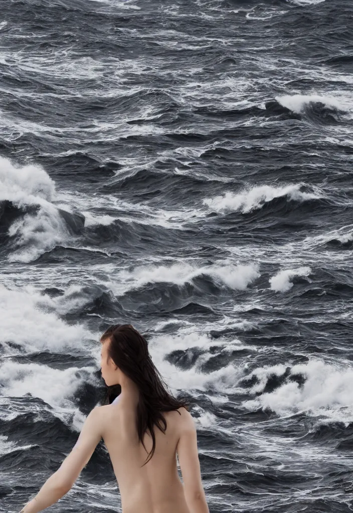 Prompt: fashion editorial in front of a giant tsunami wave. wide angle shot. highly detailed.