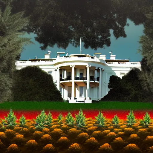 Prompt: a architectural portrait of the white house surrounded in wild blooming cannabis, and hippies crawling from the brush, cg art, fine art, highly detailed, digital painting, cgi, volumetric lighting, sunny atmosphere