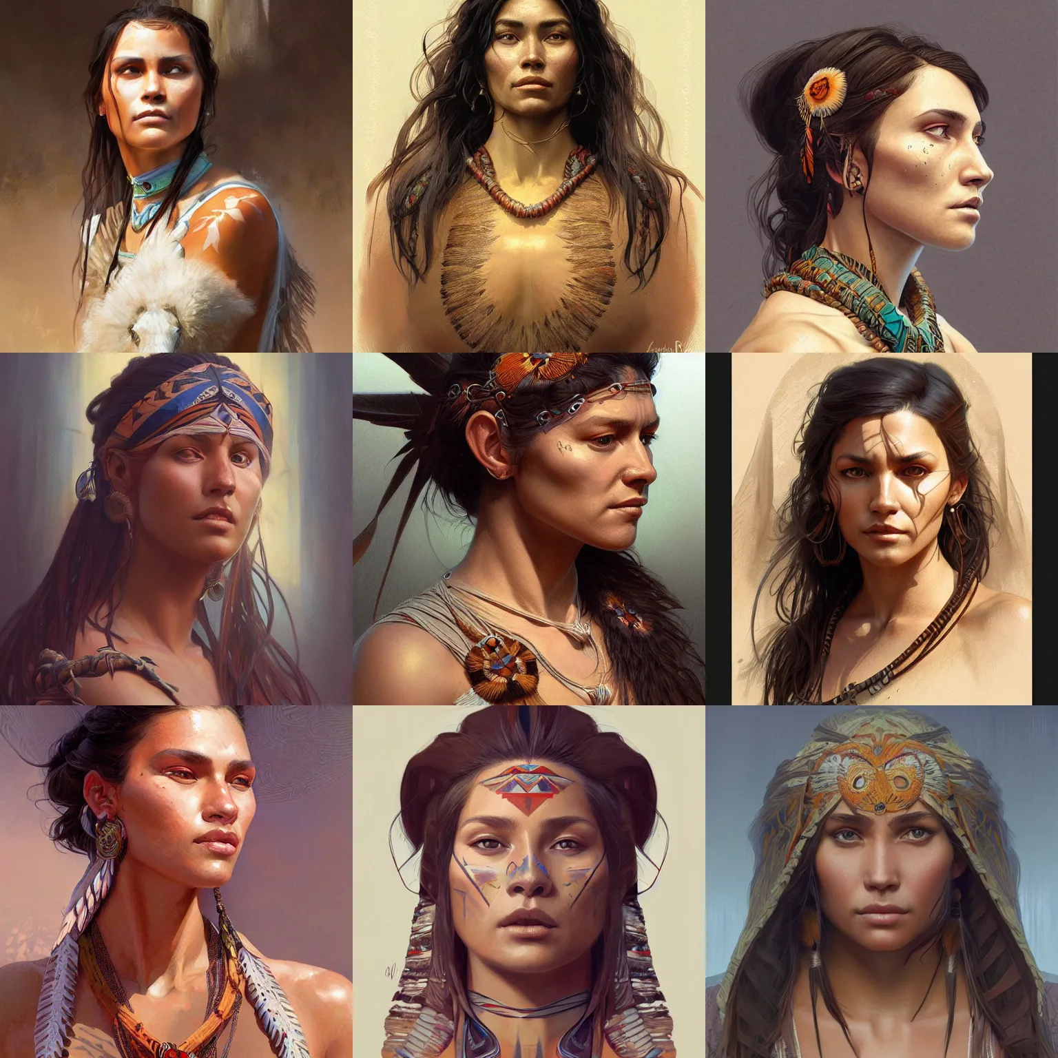 Prompt: Portrait of cherokee woman, upper body, intricate, wild, highly detailed, digital painting, artstation, concept art, smooth, sharp focus, illustration, art by artgerm and greg rutkowski and alphonse mucha