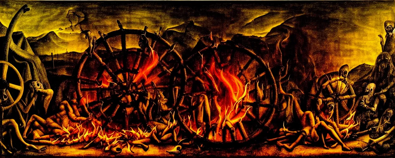 Prompt: trapped on a hedonic treadmill, dark uncanny surreal painting by bosch, dramatic lighting from fire glow, mouth of hell, ixions wheel