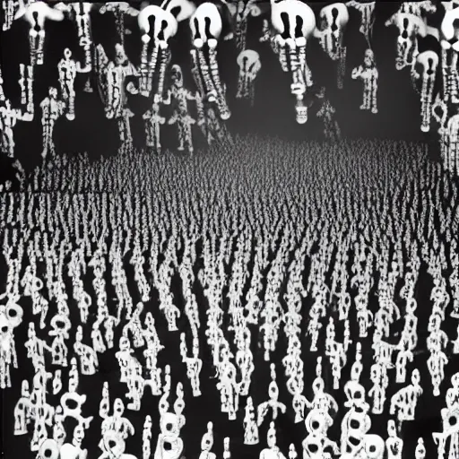 Image similar to photo, a giant crowd of shiny refective black latex claymation skeletons by ray harryhausen dancing inside a colorful underground ussr night club