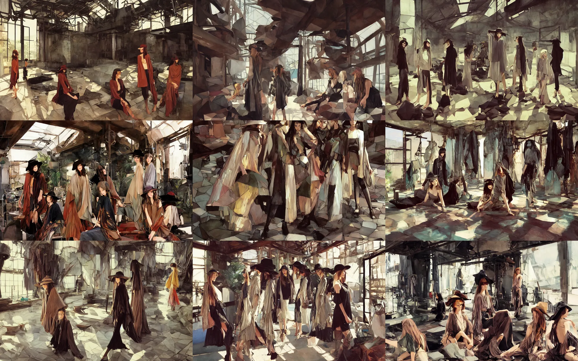 Prompt: low poly interior, dramatic light, industrial rusty pipes, simple form, brutal shapes, portrait of group of fashionable young womans wearing rich jewerly hat and boho poncho, lying pose on stones, 1970s fashion, anime, studio ghiblil, thunder clouds in the sky, artwork by Joaquin Sorolla and Denis Sarazhin and john william waterhouse and klimt and rhads and van gogh and Dean Ellis and Detmold Charles Maurice