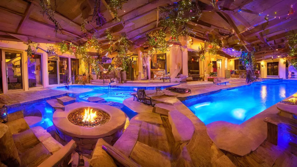 Image similar to party at midnight, in a modern house, peyote colors, fire pit, pool, hot tub, sauna, candles, people, cozy, warm, beautiful, cozy environment, ornate, intricate, glowing emitting light ornaments, 8 k, rule of thirds, cinematic, highly detailed, movie still