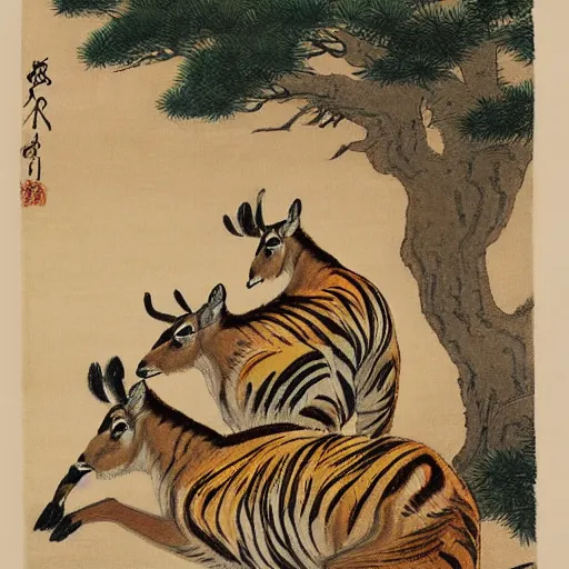 Prompt: a painting of deer in tiger skin and tiger in deer skin facing each other, their heads bowed towards ground by ohara koson