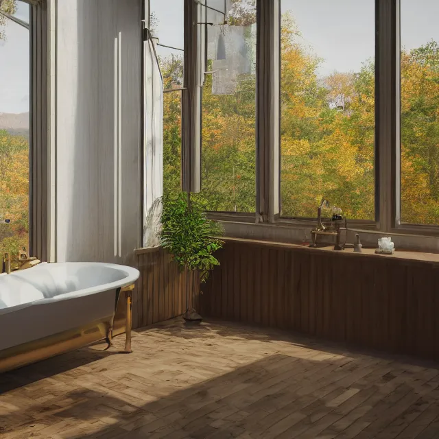 Prompt: post and beam bathroom interior, bathtub with golden faucet, wood cabinets, marble floor, large window in back with new hampshire fall foliage river view, large potted plant, realistic, unreal engine render, octane render, hyper realistic, photo, 8 k