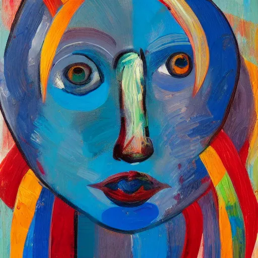 Image similar to abstract expressionist oil painting of a face surrounded by abstract ribbons, blue color palette