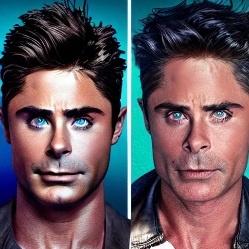 Image similar to zac efron, john stamos and rob lowe, police photo mug, photoshoot, sharp details, face photo, face details sharp, by donato giancola and greg rutkowski and wayne barlow and zdzisław beksinski, eyeballs, product photography, action figure, sofubi, studio lighting, colored gels, colored background,