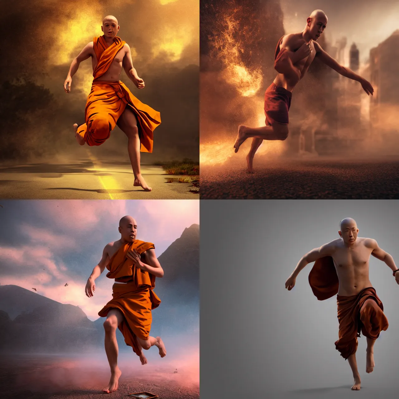 Prompt: male monk running at full speed without shirt, hyper realism, cinematic, volumetric lighting, Epic composition, octane render, Smooth gradients, High contrast, board game cover art,