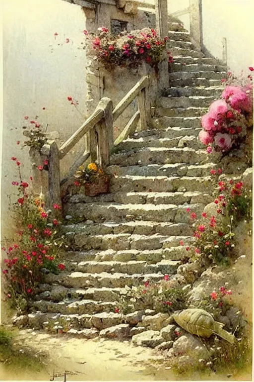 Image similar to ( ( ( ( ( 1 9 5 0 s retro future cottage stone steps and flowers. muted colors. childrens layout, ) ) ) ) ) by jean - baptiste monge,!!!!!!!!!!!!!!!!!!!!!!!!!