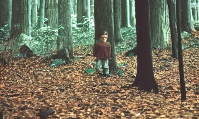 Image similar to kid looking at camera in forest at dusk, colorized 70s photo, out of focus, motion blur, cctv footage, horror movie, horror lighting, blair witch project, old photo, found footage