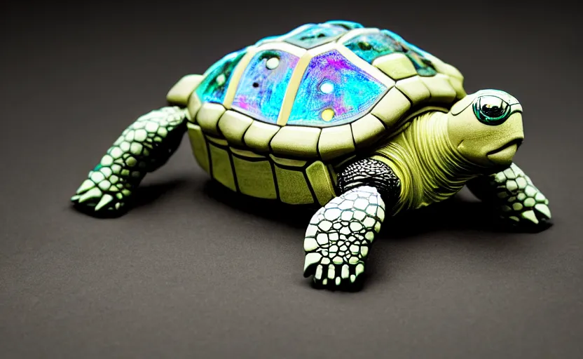 Image similar to artificial Intelligence turtle with its shell made out of modular-synth dials and knobs with a small AMOLED display, LED light accents, sleek design by apple, triple white colorway, modular-synth, VST, 4k, 33mm, high quality photo,