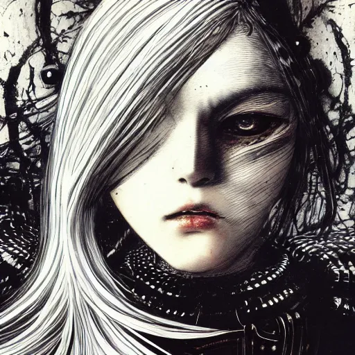 Image similar to Yoshitaka Amano realistic illustration of an anime girl with black eyes, wavy white hair fluttering in the wind and cracks on her face wearing Elden ring armour with engraving, abstract black and white patterns on the background, noisy film grain effect, highly detailed, Renaissance oil painting, weird portrait angle, blurred lost edges, three quarter view