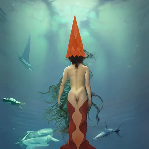 Image similar to shark mermaid, lower half traffic cone, full body, underwater background detailed atmospheric - ron cheng & alphonse mucha, highly detailed, digital painting, ray tracing, concept art, illustration, smooth sharp focus, intricate, symmetry, artstation,