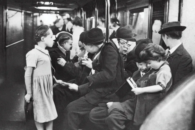 Image similar to A picture of 1934 in the new York subway. Children playing with a mobile phone, retro, vintage, ultra detailed, 20mm camera