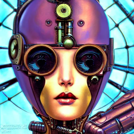 Image similar to close - up portrait of a beautiful female steampunk android in the style of karol bak, moebius