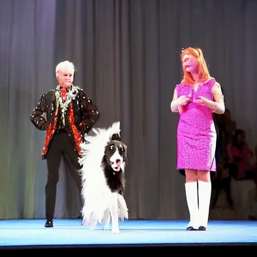 Image similar to a border collie dressed as a woman doing a fashion show in a theater, the audience consists of dogs, painted in acrylic