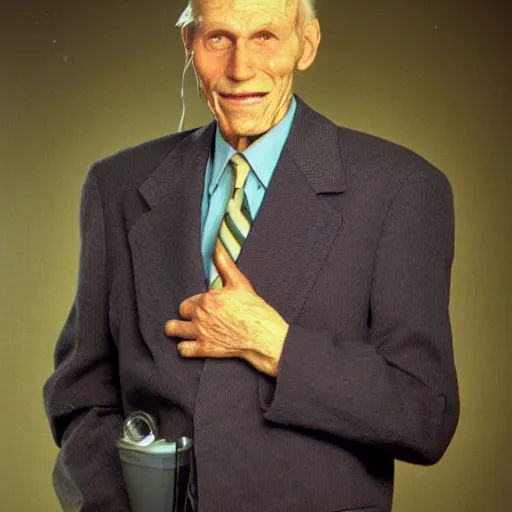 Image similar to A photograph portrait of old Jerma985 in his eighties who looks like Jerma985 wearing a blazer in the 1990s, Jerma985, looks like Jerma985, taken in the early 1990s, taken on a 1990s Camera, realistic, hyperrealistic, very realistic, highly detailed, very detailed, extremely detailed, detailed, digital art, trending on artstation, headshot and bodyshot