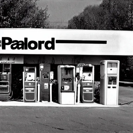 Prompt: polaroid of a gas station from 1 9 6 8