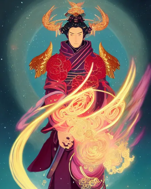 Image similar to a character portrait of only one male angel samurai with golden fiery wings, surrounded with spiriling sparkling rose crystals and galaxies, by peter mohrbacher, hyper light drifter, ukiyo - e trending on artstation