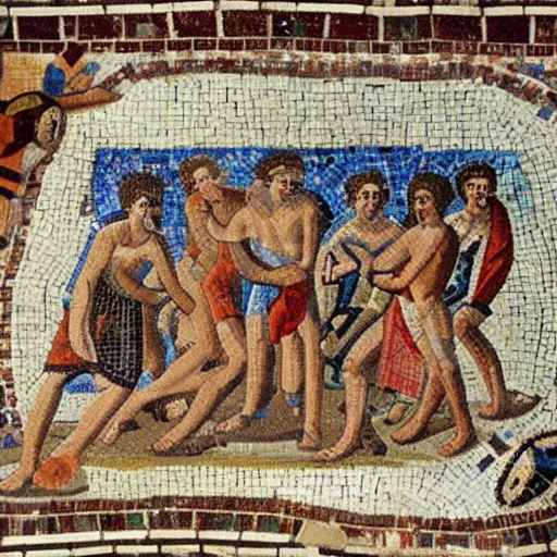 Prompt: an ancient roman mosaic of two teams playing ultimate frisbee