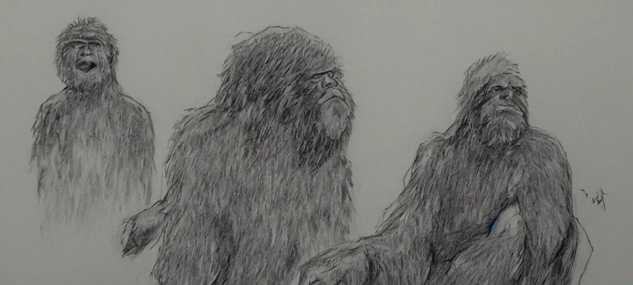 Prompt: Courtroom sketch of Big Foot testifying against a hunter