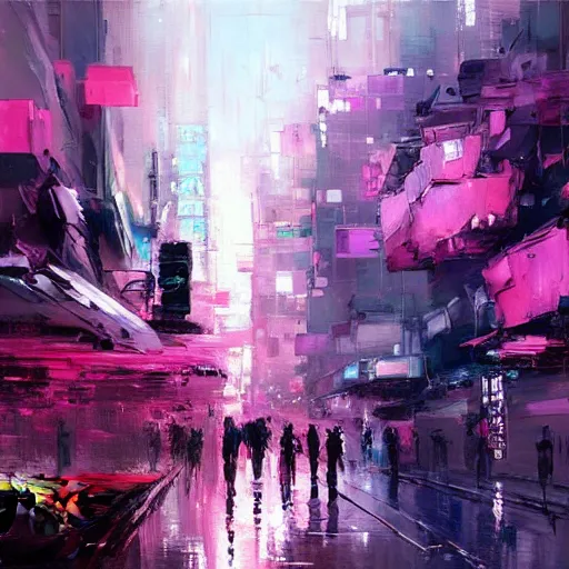 Image similar to acrylic painting, impressionism and expressionism, bold colors, expressive brushstrokes. a city street with pink flowers, cyberpunk art by wadim kashin, cgsociety, panfuturism, cityscape, dystopian art, anime aesthetic