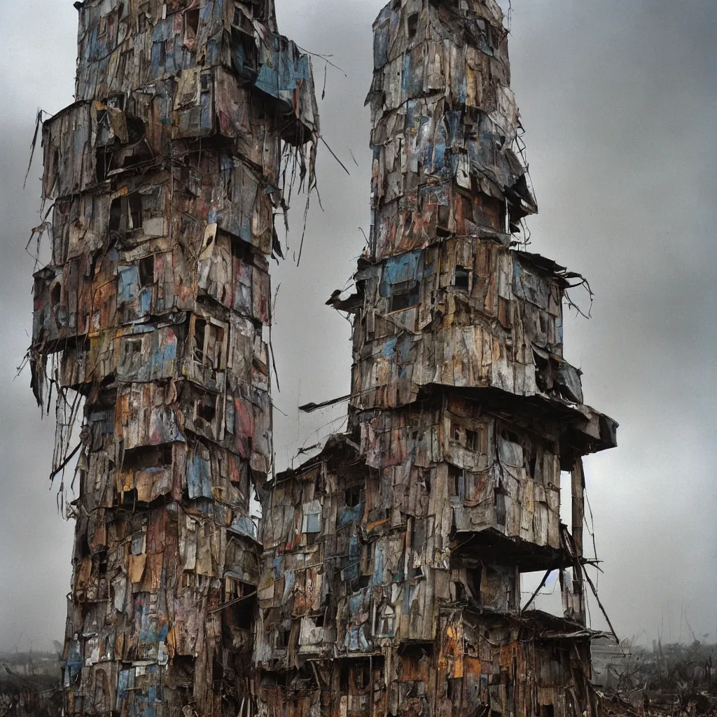 Image similar to close - up view of a tower made up of makeshift squatter shacks with faded colours, moody cloudy sky, uneven fog, dystopia, mamiya, fully frontal view, very detailed, photographed by bruno barbey