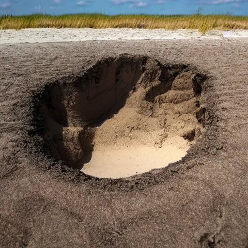 Image similar to deep dark hole on a sandy mississippi beach, no trees no palm trees, no rocks.