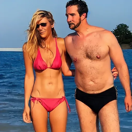 Image similar to photo of a 4 0 year old man that looks young for his age dating a very attractive 2 2 year old woman wearing a bikini. his wife is visibly upset in the background. lol