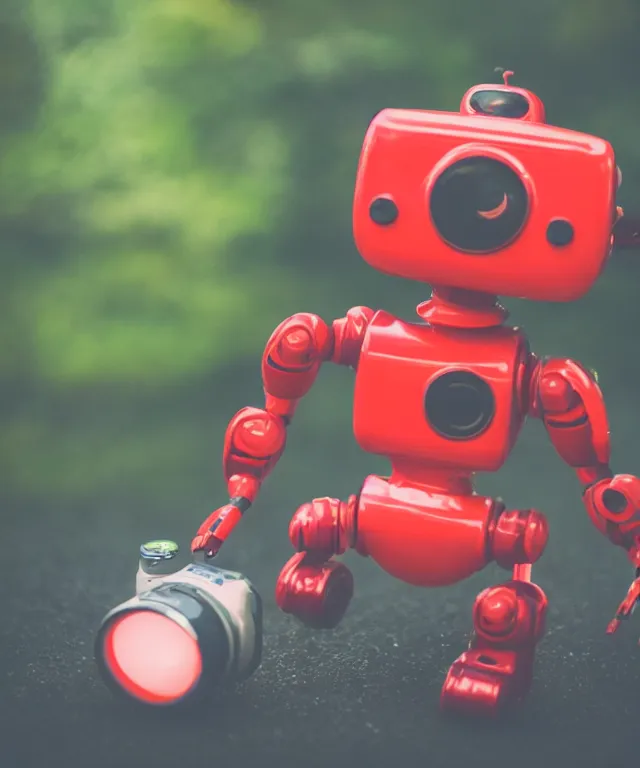 Image similar to high quality presentation photo of a retro toy robot with glowing eyes, photography 4k f1.8 anamorphic bokeh 4k Canon Nikon