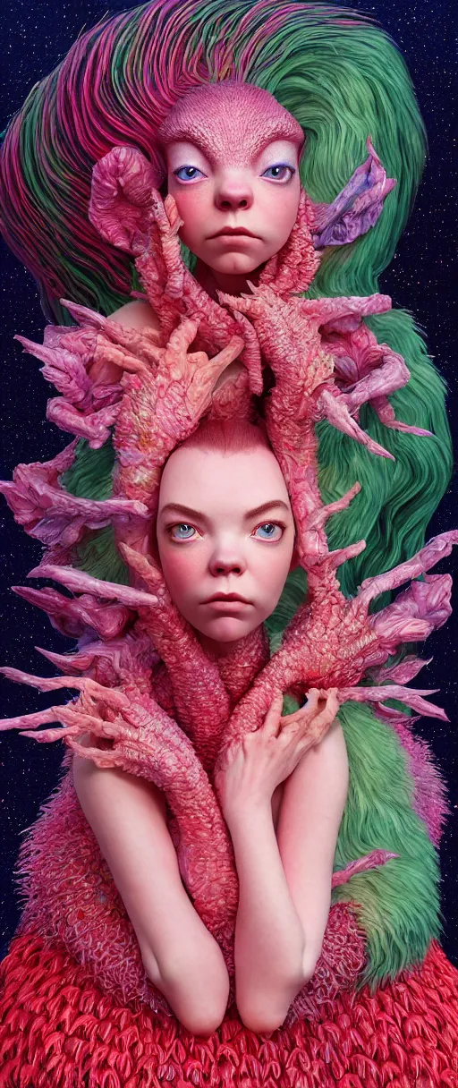 Image similar to hyper detailed 3d render like a Oil painting - kawaii portrait of two Aurora (a beautiful skeksis muppet fae princess protective playful expressive from dark crystal that looks like Anya Taylor-Joy) seen red carpet photoshoot in UVIVF posing in scaly dress to Eat of the Strangling network of yellowcake aerochrome and milky Fruit and His delicate Hands hold of gossamer polyp blossoms bring iridescent fungal flowers whose spores black the foolish stars by Jacek Yerka, Ilya Kuvshinov, Mariusz Lewandowski, Houdini algorithmic generative render, golen ratio, Abstract brush strokes, Masterpiece, Edward Hopper and James Gilleard, Zdzislaw Beksinski, Mark Ryden, Wolfgang Lettl, hints of Yayoi Kasuma and Dr. Seuss, octane render, 8k