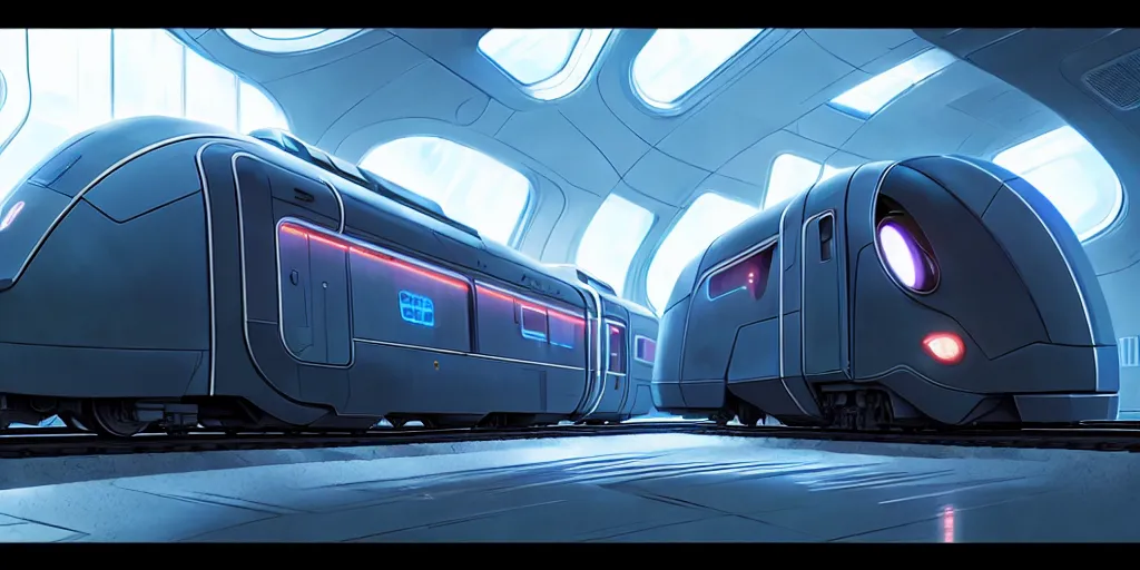 Image similar to futuristic train designed by apple, studio ghibli, pixar and disney animation, sharp, rendered in unreal engine 5, anime key art by greg rutkowski, bloom, dramatic lighting