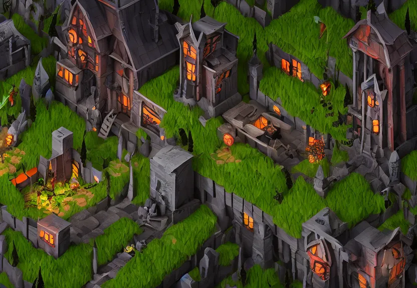 Prompt: evil forest halloween themed isometric game level, toon shader, arnold maya render, artstation by miha rinne