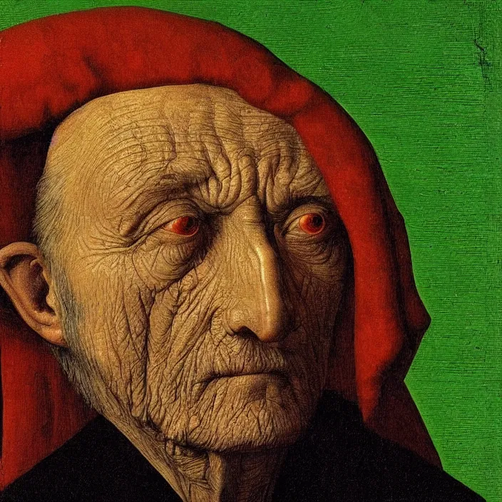 Image similar to close up portrait of a dying old man with platonic solids and iridescent beetle. jan van eyck