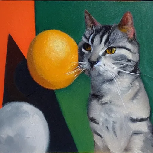 Image similar to To katter spiller bordtennis foran en orange baggrund, oil painting