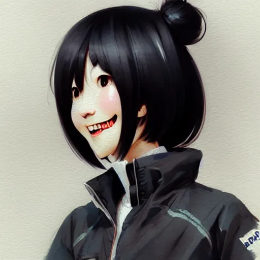 Prompt: character design portrait of a smile grocery asia woman ， black hair, wearing a down jacket, looking at the camera, 4 k, concept art, by wlop, wenjun lin, watercolor, ilya kuvshinov, artgerm, krenz cushart, pixiv.