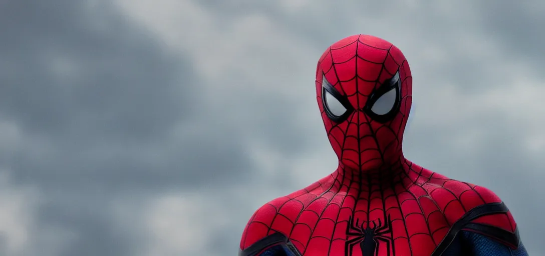 Image similar to Tom Hanks as Spider-Man, film still, wide-shot, full shot, cinematic lens, heroic portrait