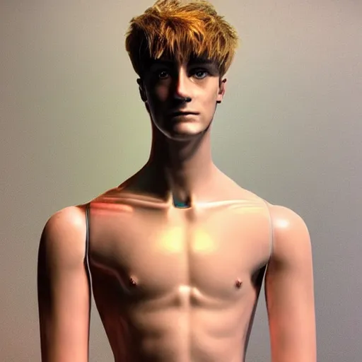 Image similar to “a realistic detailed photo of a guy who is an attractive humanoid who is half robot and half humanoid, who is a male android, twitch streamer Ninja Tyler Blevins, shiny skin, posing like a statue, blank stare”